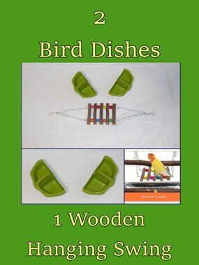 3pcs Set - 2 Green Bird dishes 1 Swinging Wooden Bridge Colorful Beads New Used